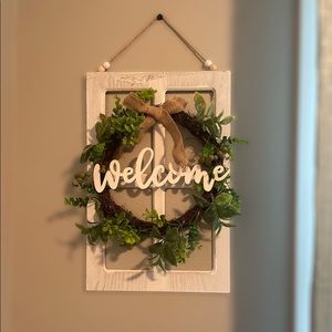 Farmhouse wooden window welcome sign